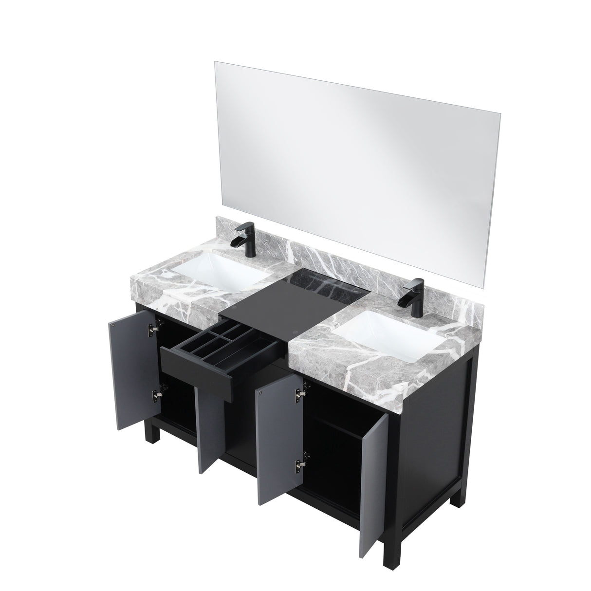 Zilara 55" Black and Grey Double Vanity, Castle Grey Marble Tops, White Square Sinks, Cascata Nera Matte Black Faucet Set, and 53" Frameless Mirror
