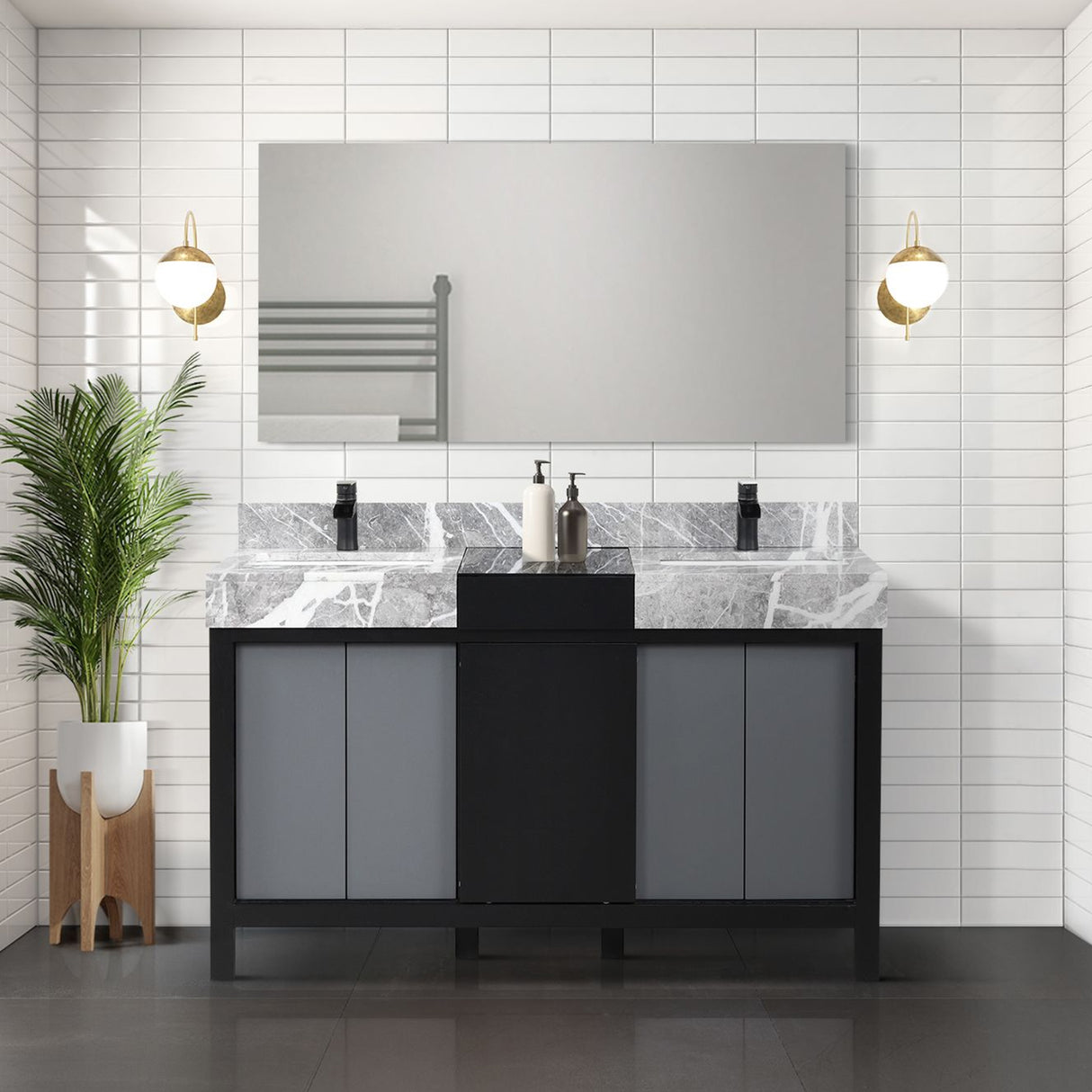 Zilara 55" Black and Grey Double Vanity, Castle Grey Marble Tops, White Square Sinks, Cascata Nera Matte Black Faucet Set, and 53" Frameless Mirror