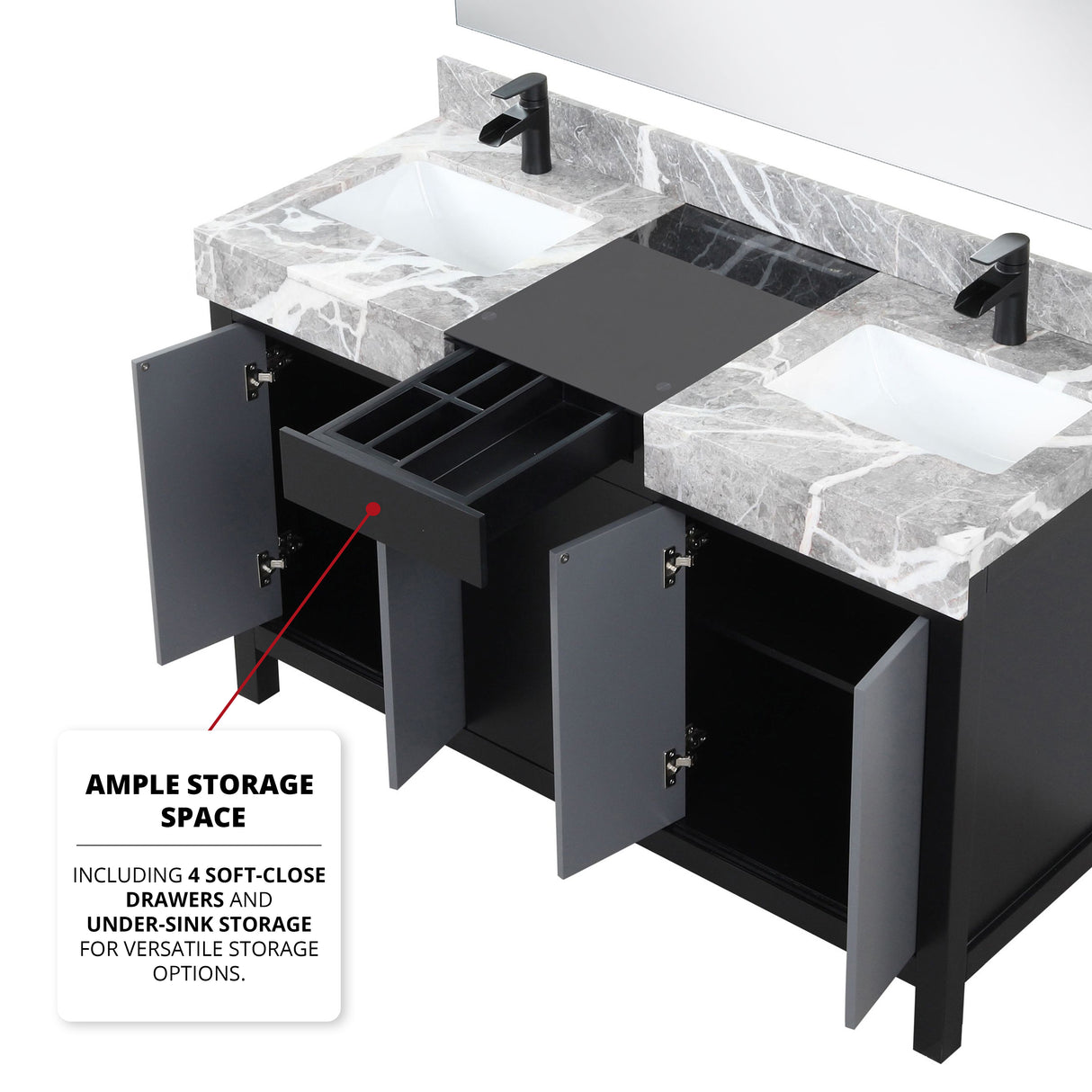 Zilara 55" Black and Grey Double Vanity, Castle Grey Marble Tops, White Square Sinks, Cascata Nera Matte Black Faucet Set, and 53" Frameless Mirror