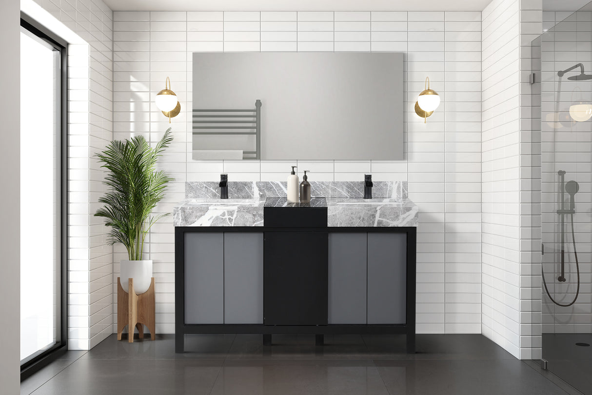 Zilara 55" Black and Grey Double Vanity, Castle Grey Marble Tops, White Square Sinks, Cascata Nera Matte Black Faucet Set, and 53" Frameless Mirror