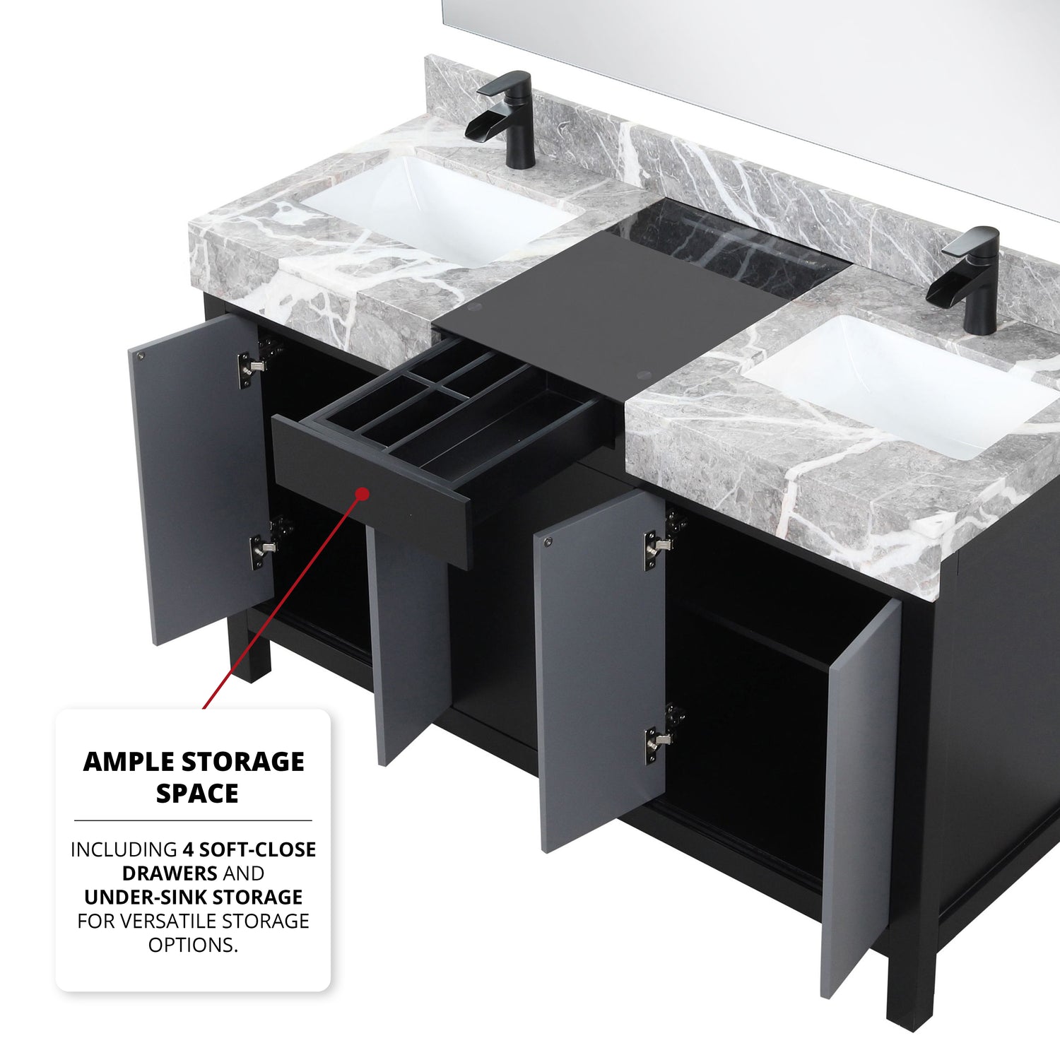 Zilara 55 in. Black and Grey  Freestanding Bathroom Vanity With Castle Grey Marble Tops, White Square Sinks, and Cascata Nera Matte Black Faucet Set