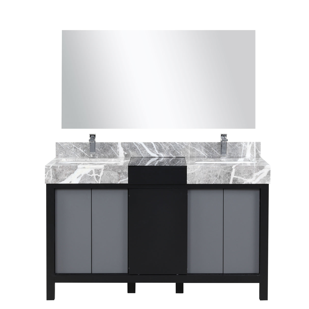 Zilara 55" Black and Grey Double Vanity, Castle Grey Marble Tops, White Square Sinks, Monte Chrome Faucet Set, and 53" Frameless Mirror