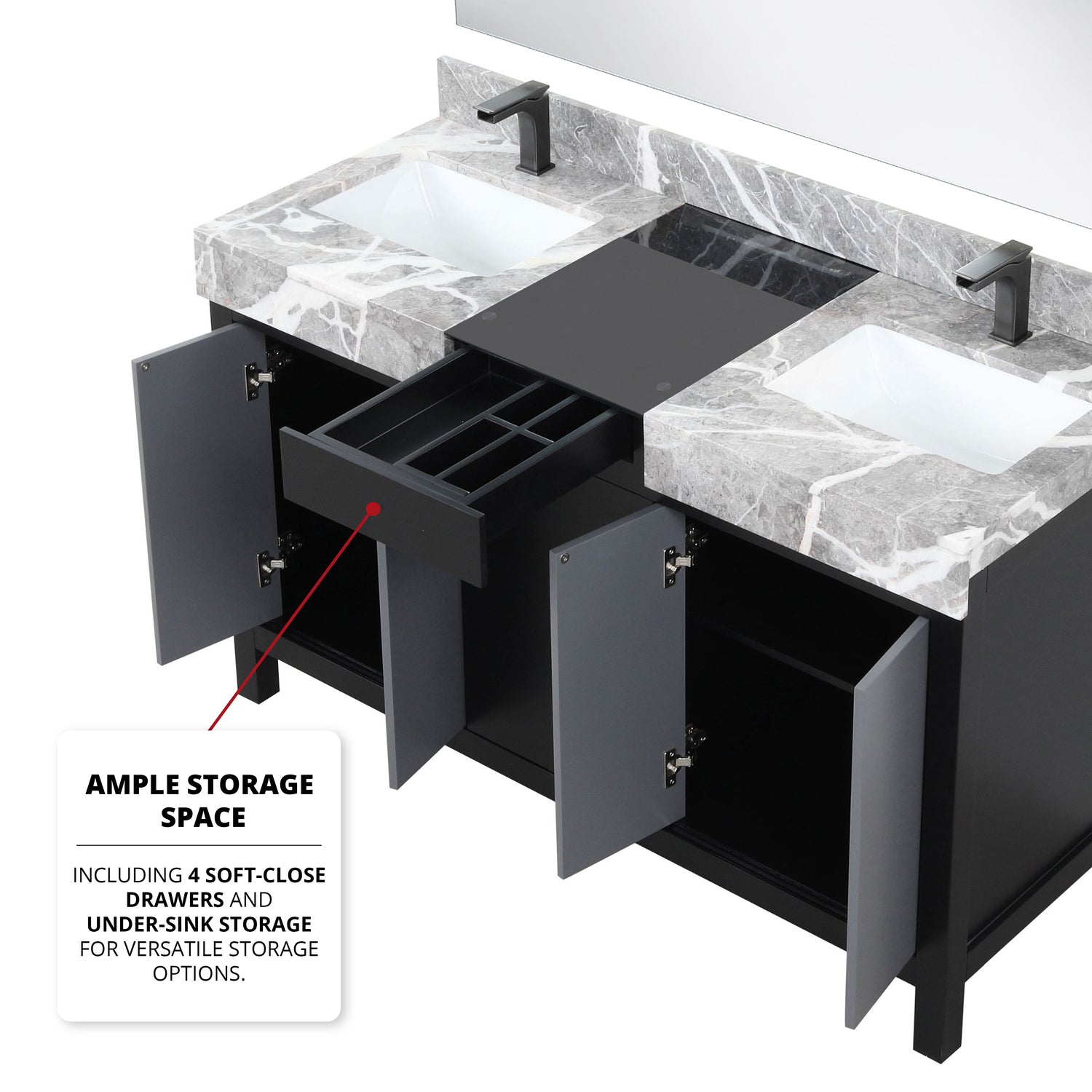 Zilara 55 in. Black and Grey  Freestanding Bathroom Vanity With Castle Grey Marble Tops, White Square Sinks, and Monte Chrome Faucet Set