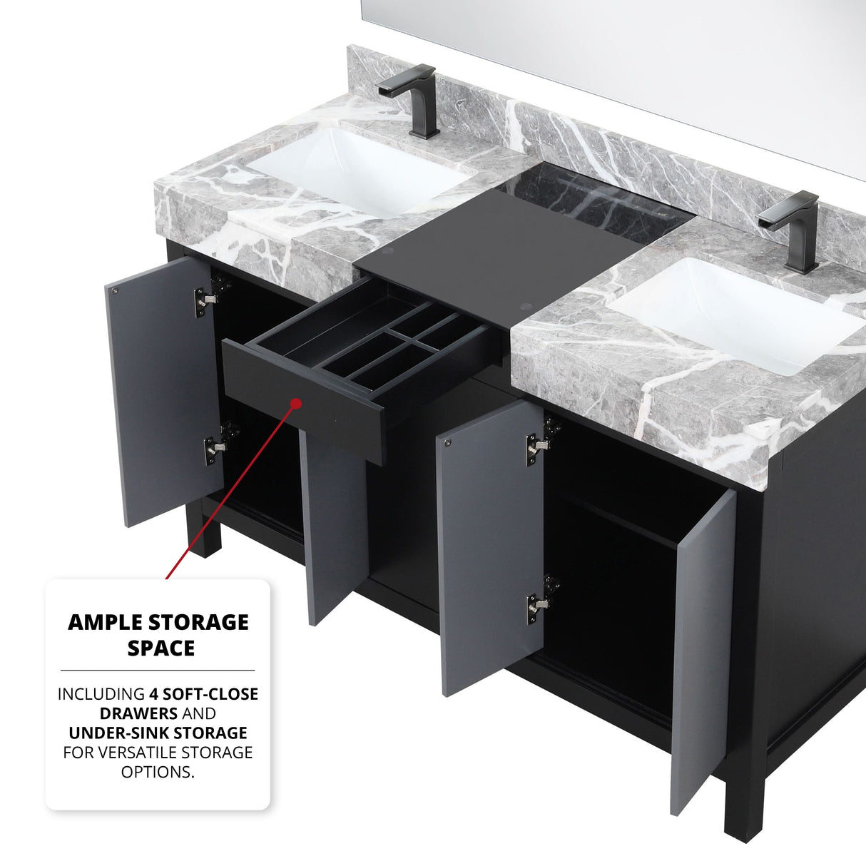 Zilara 55" Black and Grey Double Vanity, Castle Grey Marble Tops, White Square Sinks, Monte Chrome Faucet Set, and 53" Frameless Mirror
