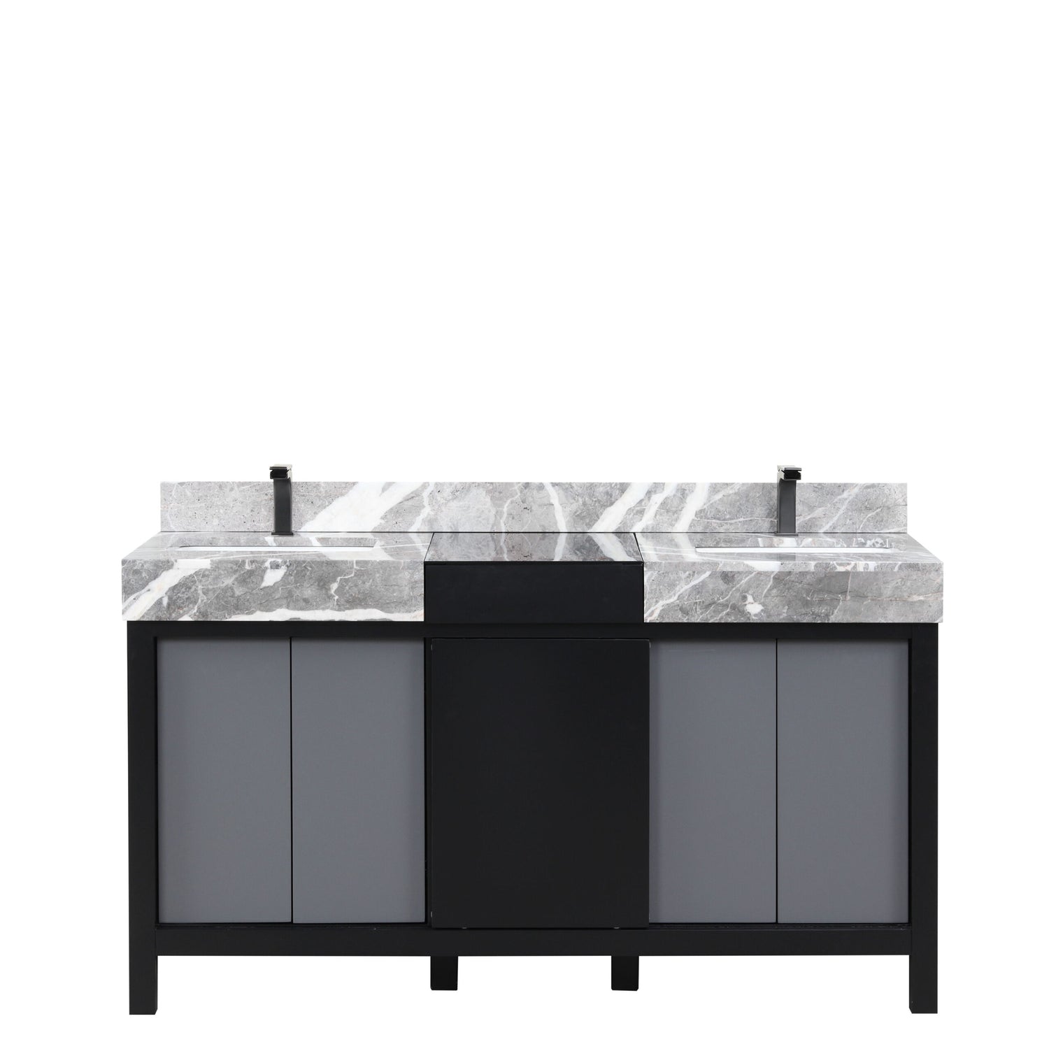 Zilara 60 in. Black and Grey  Freestanding Bathroom Vanity With Castle Grey Marble Tops, White Square Sinks, and Balzani Gun Metal Faucet Set