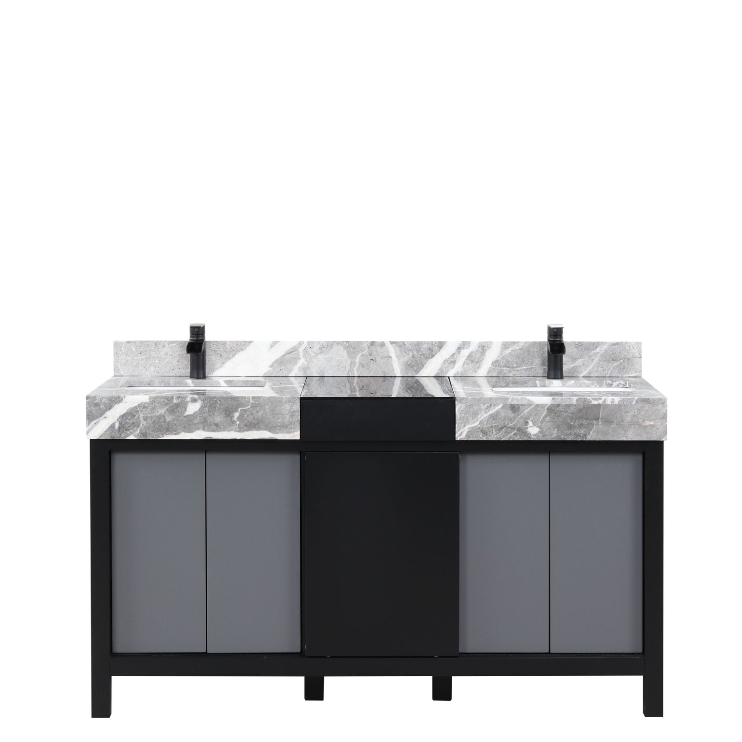 Zilara 60 in. Black and Grey  Freestanding Bathroom Vanity With Castle Grey Marble Tops, White Square Sinks, and Cascata Nera Matte Black Faucet Set