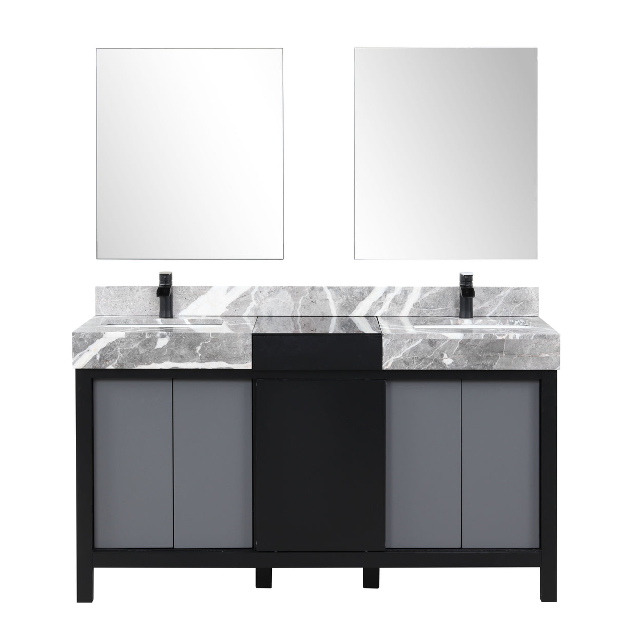 Zilara 60" Black and Grey Double Vanity, Castle Grey Marble Tops, White Square Sinks, Cascata Nera Matte Black Faucet Set, and 28" Frameless Mirrors