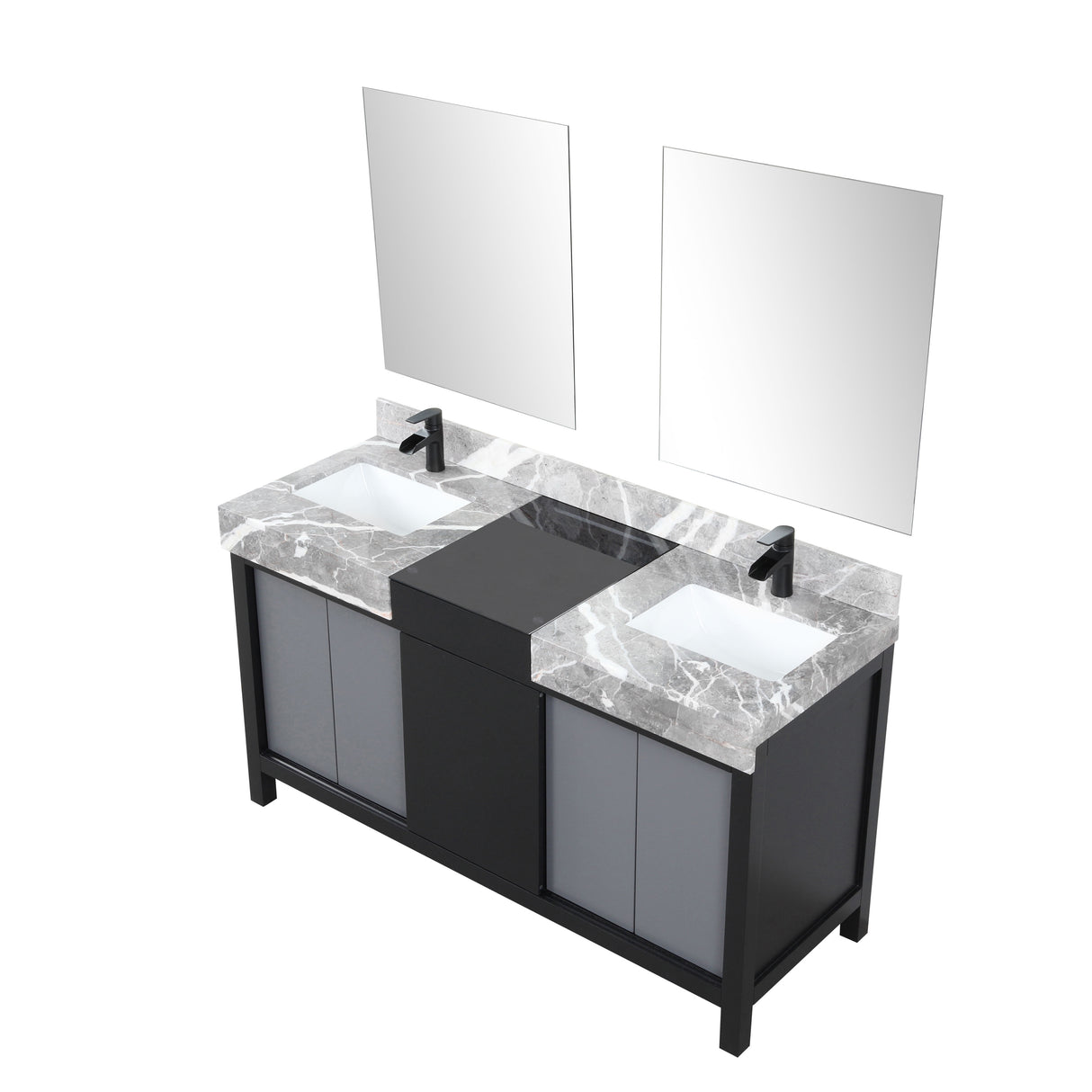 Zilara 60" Black and Grey Double Vanity, Castle Grey Marble Tops, White Square Sinks, Cascata Nera Matte Black Faucet Set, and 28" Frameless Mirrors