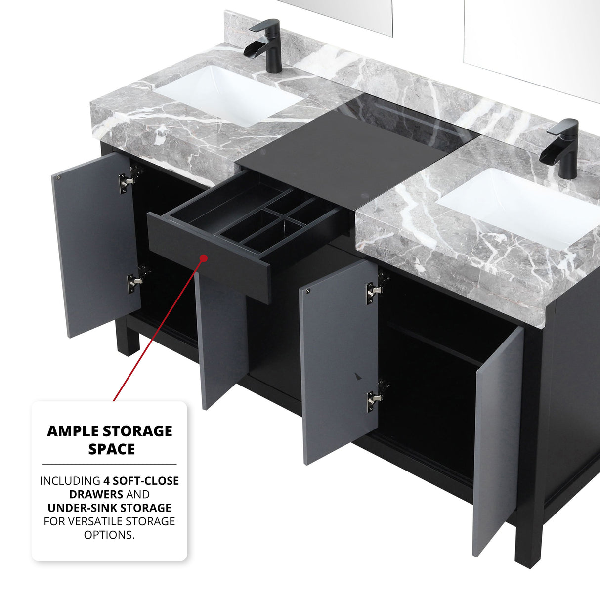 Zilara 60" Black and Grey Double Vanity, Castle Grey Marble Tops, White Square Sinks, Cascata Nera Matte Black Faucet Set, and 28" Frameless Mirrors