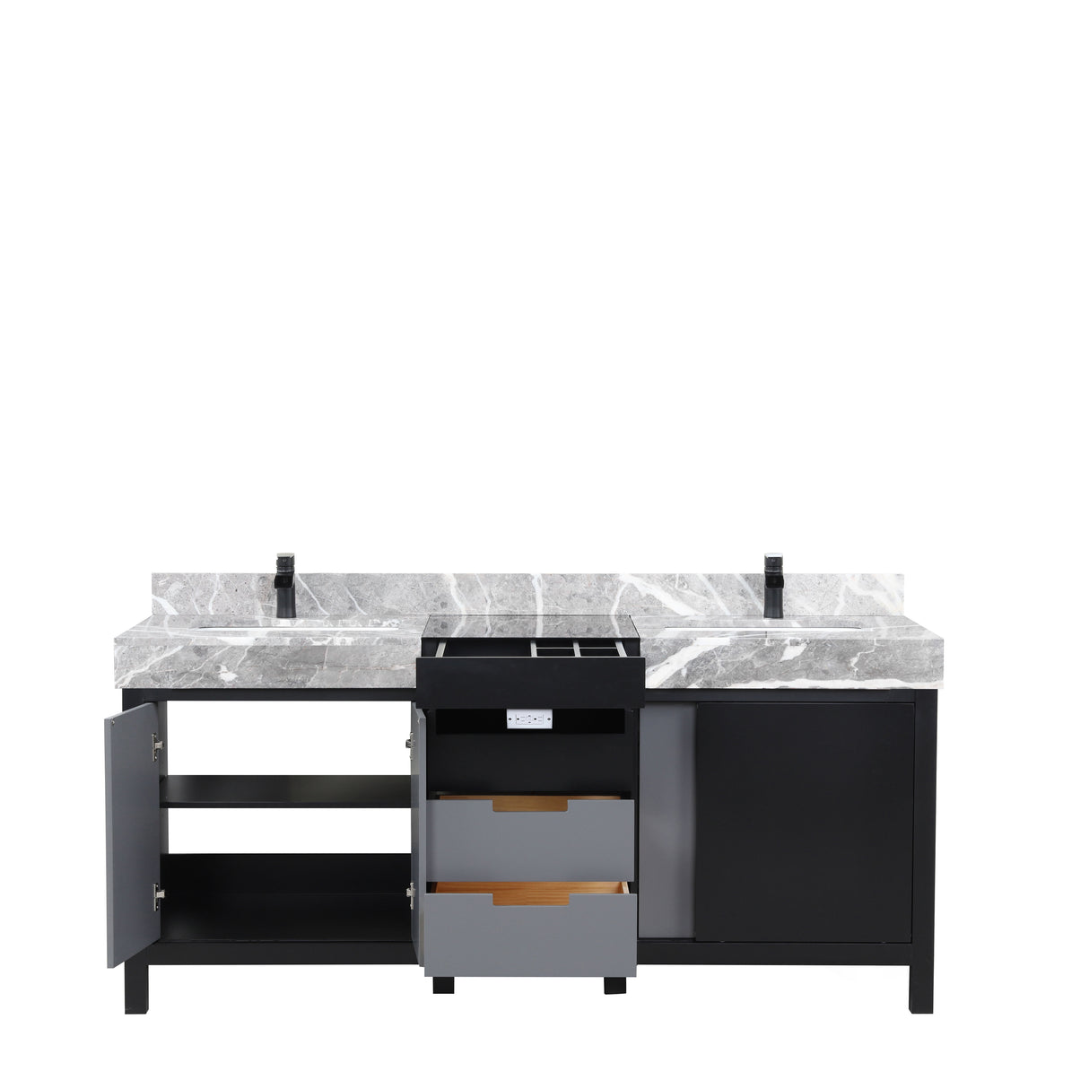 Zilara 72 in. Black and Grey  Freestanding Bathroom Vanity With Castle Grey Marble Tops, White Square Sinks, and Cascata Nera Matte Black Faucet Set