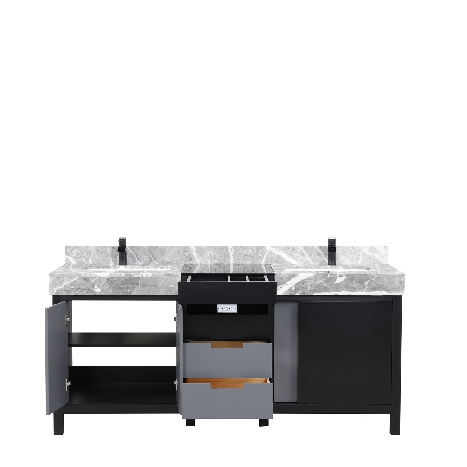 Zilara 72 in. Black and Grey  Freestanding Bathroom Vanity With Castle Grey Marble Tops, White Square Sinks, and Cascata Nera Matte Black Faucet Set