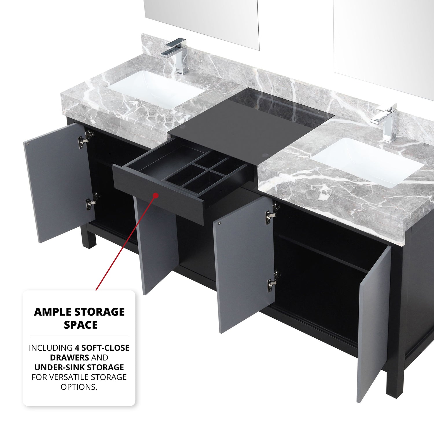 Zilara 72" Black and Grey Double Vanity, Castle Grey Marble Tops, White Square Sinks, Monte Chrome Faucet Set, and 28" Frameless Mirrors