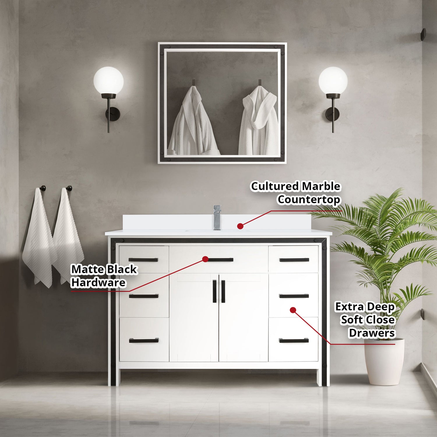 Ziva Freestanding 48 in. Freestanding Bathroom Vanity With Double Integrated Ceramic Sink, White Cultured Marble Top