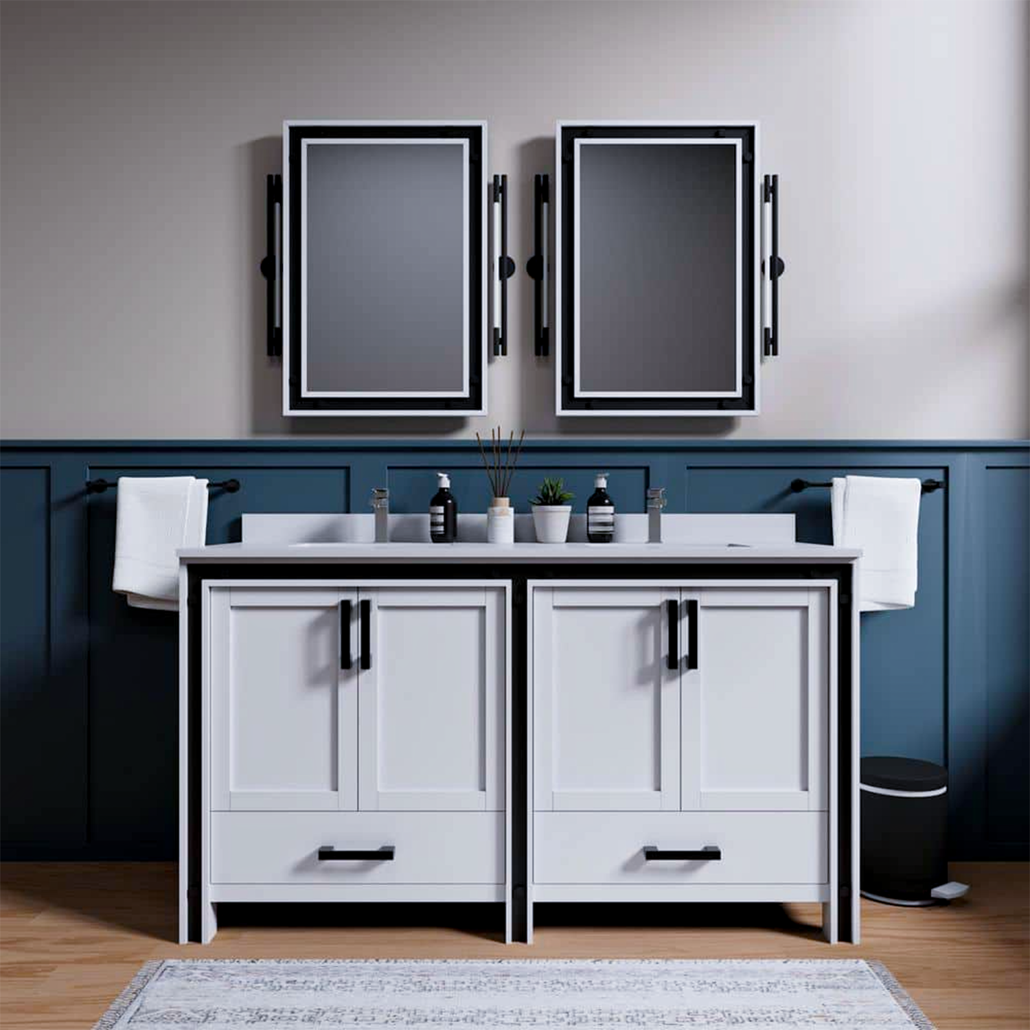 Ziva 60 in. Freestanding Bathroom Vanity With Double Integrated Ceramic Sink, White Cultured Marble Top
