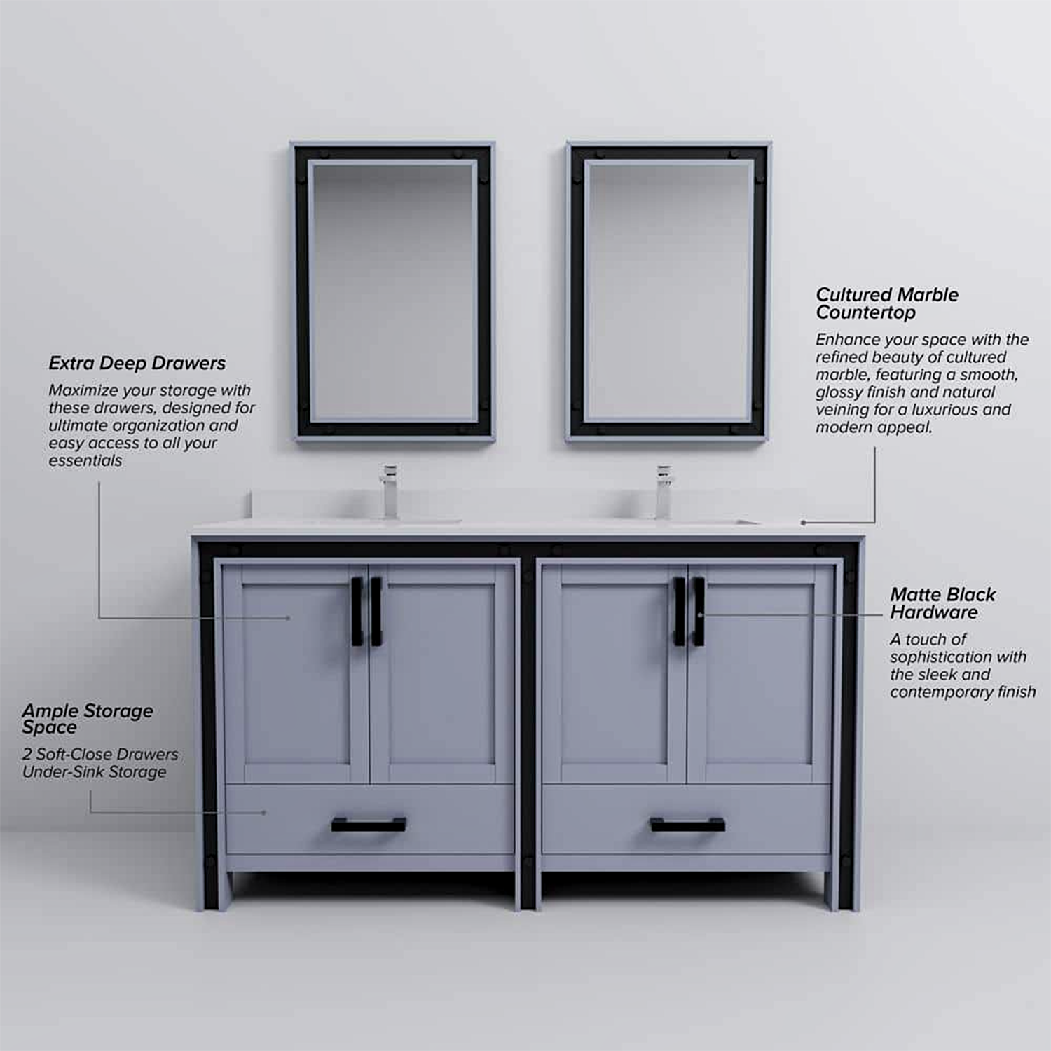 Ziva 60 in. Freestanding Bathroom Vanity With Double Integrated Ceramic Sink, White Cultured Marble Top