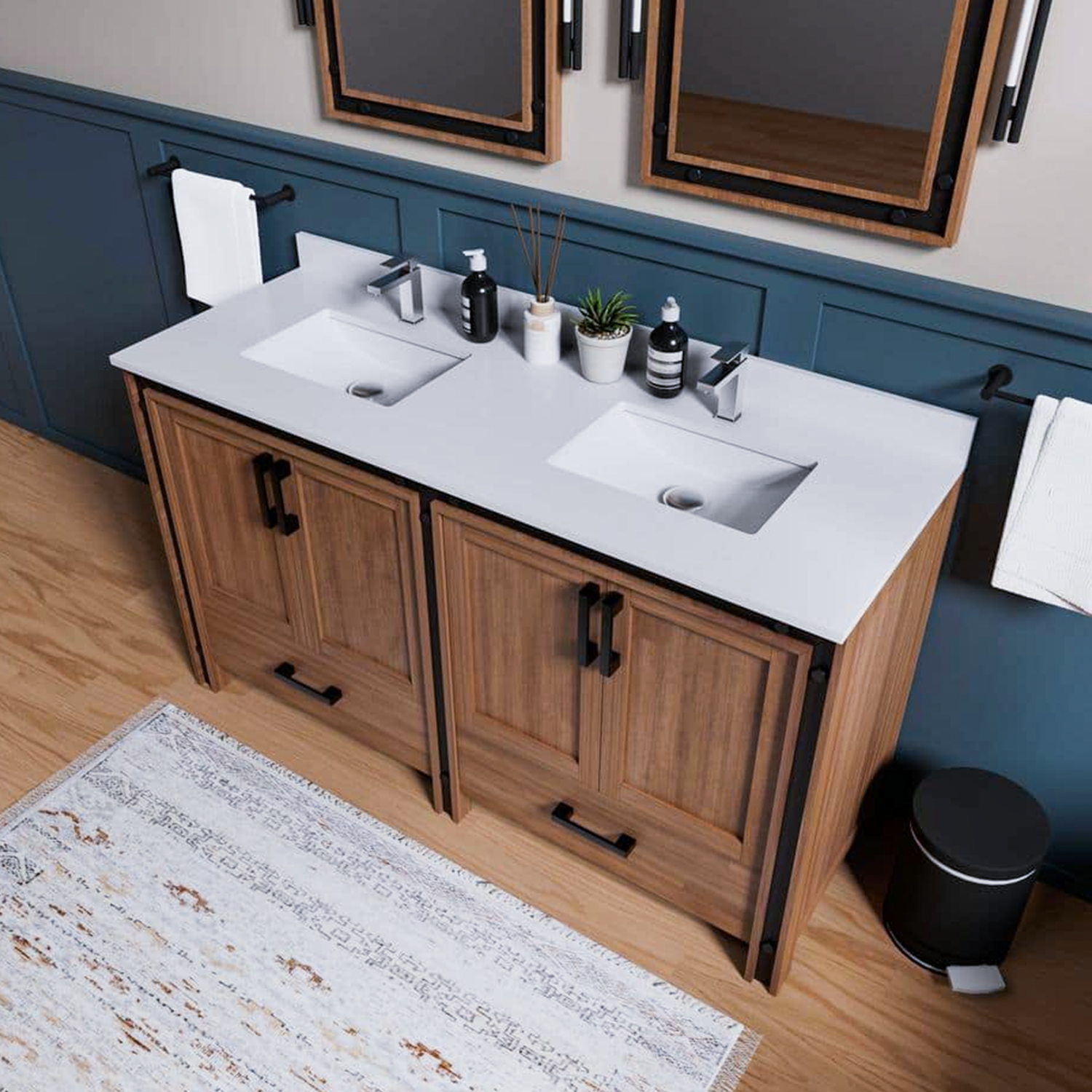Ziva 60 in. Freestanding Bathroom Vanity With Double Integrated Ceramic Sink, White Cultured Marble Top