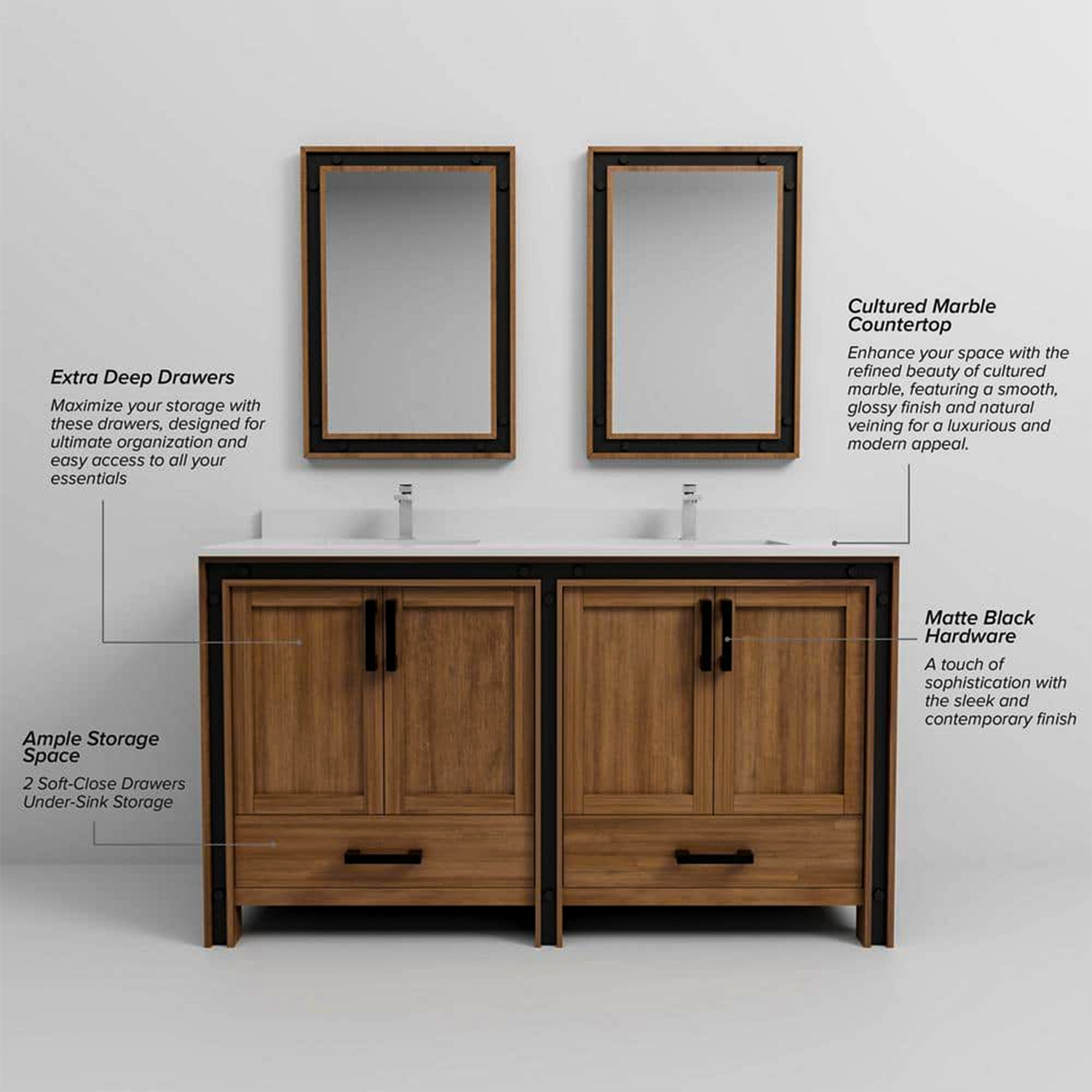 Ziva 60 in. Freestanding Bathroom Vanity With Double Integrated Ceramic Sink, White Cultured Marble Top