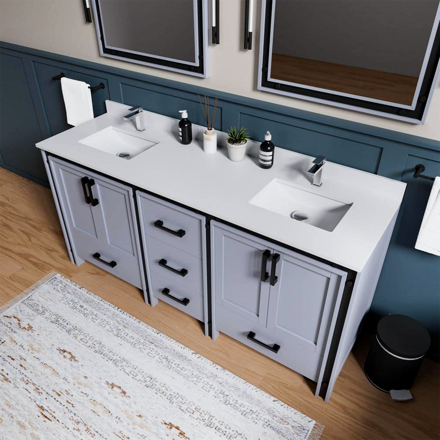 Ziva 72 in. Freestanding Bathroom Vanity With Double Integrated Ceramic Sink, White Cultured Marble Top