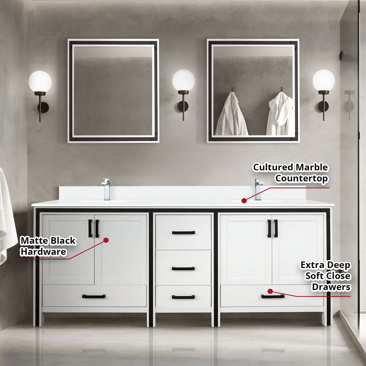 Ziva 80 in. Freestanding Bathroom Vanity With Double Integrated Ceramic Sink, White Cultured Marble Top