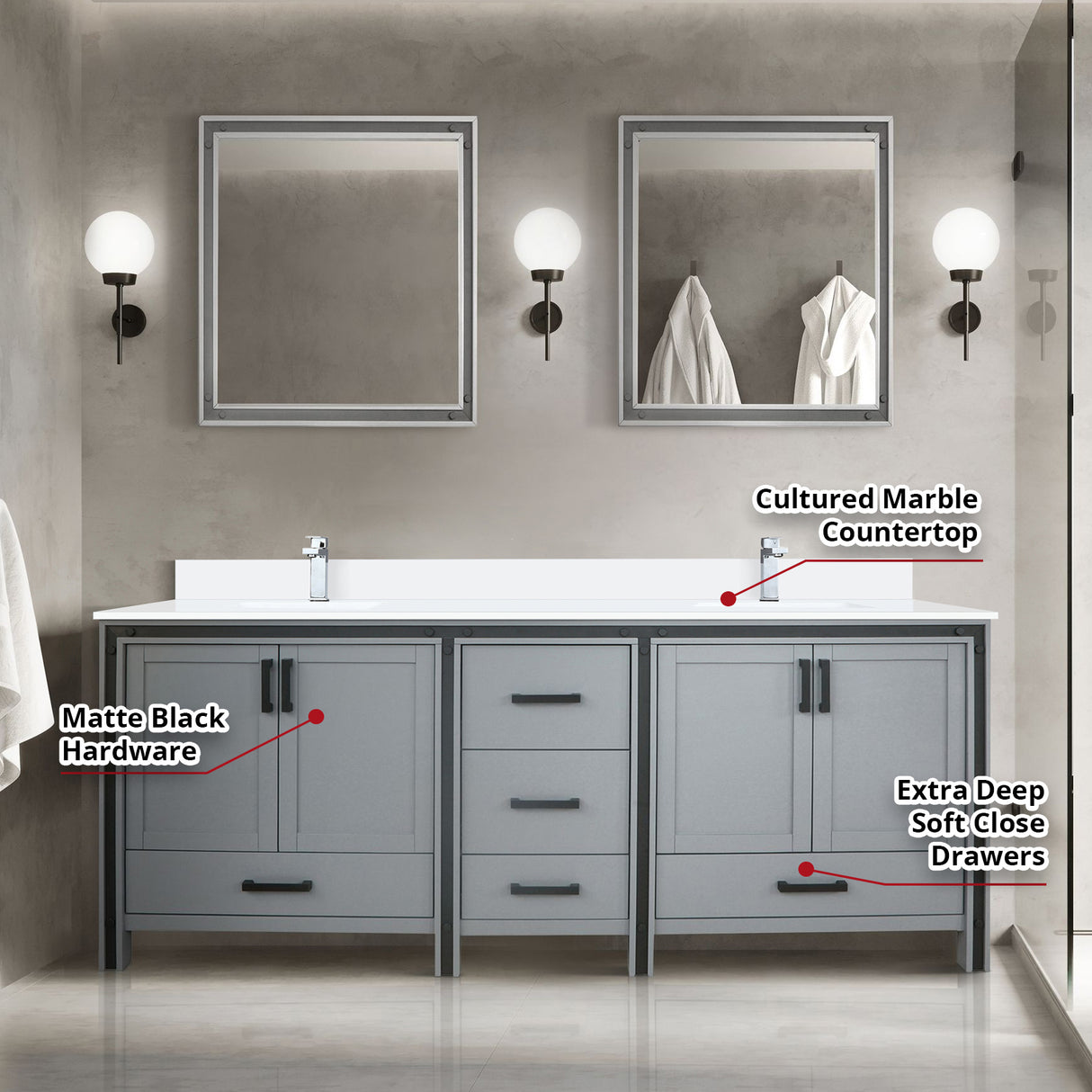 Ziva 80 in. Freestanding Bathroom Vanity With Double Integrated Ceramic Sink, White Cultured Marble Top