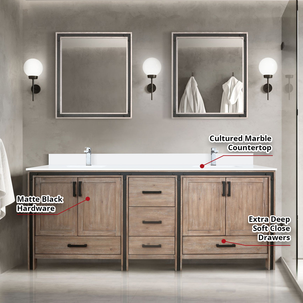 Ziva 80 in. Freestanding Bathroom Vanity With Double Integrated Ceramic Sink, White Cultured Marble Top