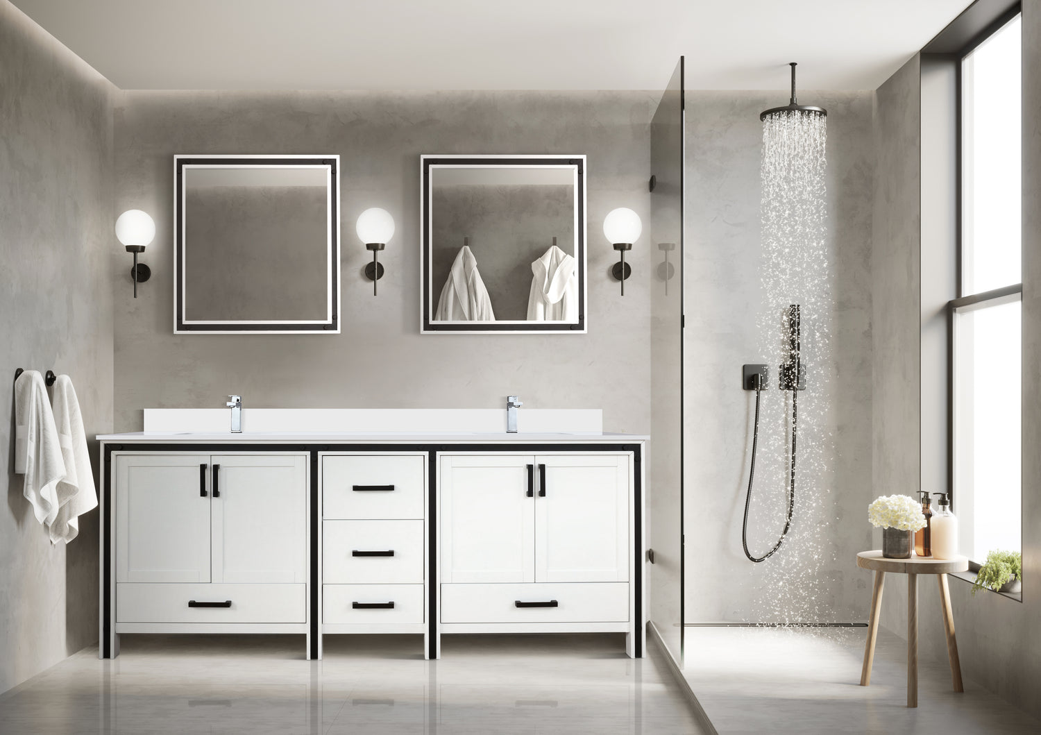 Ziva Freestanding 84 in. Freestanding Bathroom Vanity With Double Integrated Ceramic Sink, White Cultured Marble Top