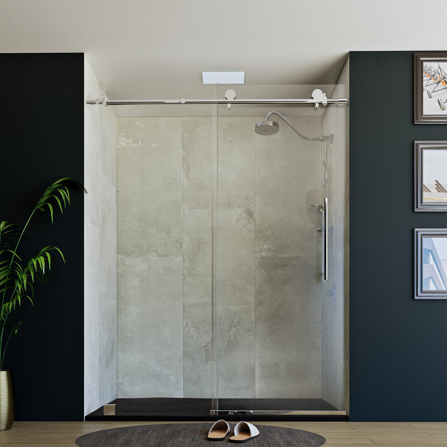 60" x 76" Frameless Shower Door with Chrome - Solid Surface Shower Base Tray - Shower Kit with covered drain - and 5pc Shower Wall System