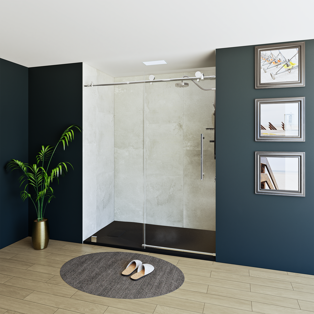 60" x 76" Frameless Shower Door with Chrome - Solid Surface Shower Base Tray - Shower Kit with covered drain - and 5pc Shower Wall System