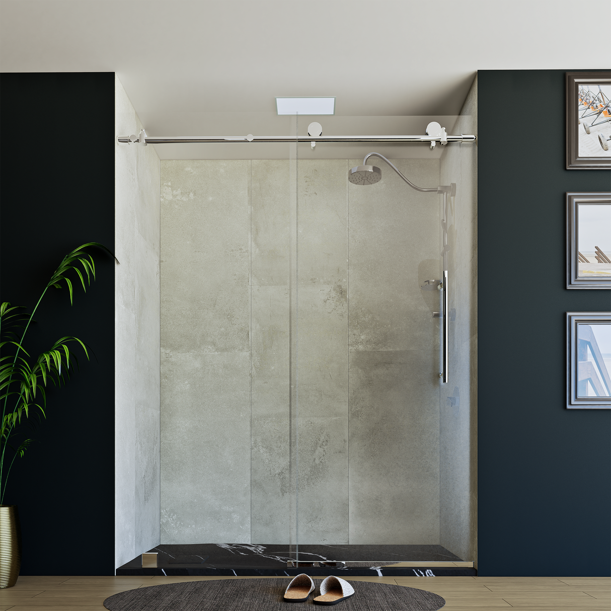 60" x 76" Frameless Shower Door with Chrome - Solid Surface Shower Base Tray - Shower Kit with covered drain - and 5pc Shower Wall System