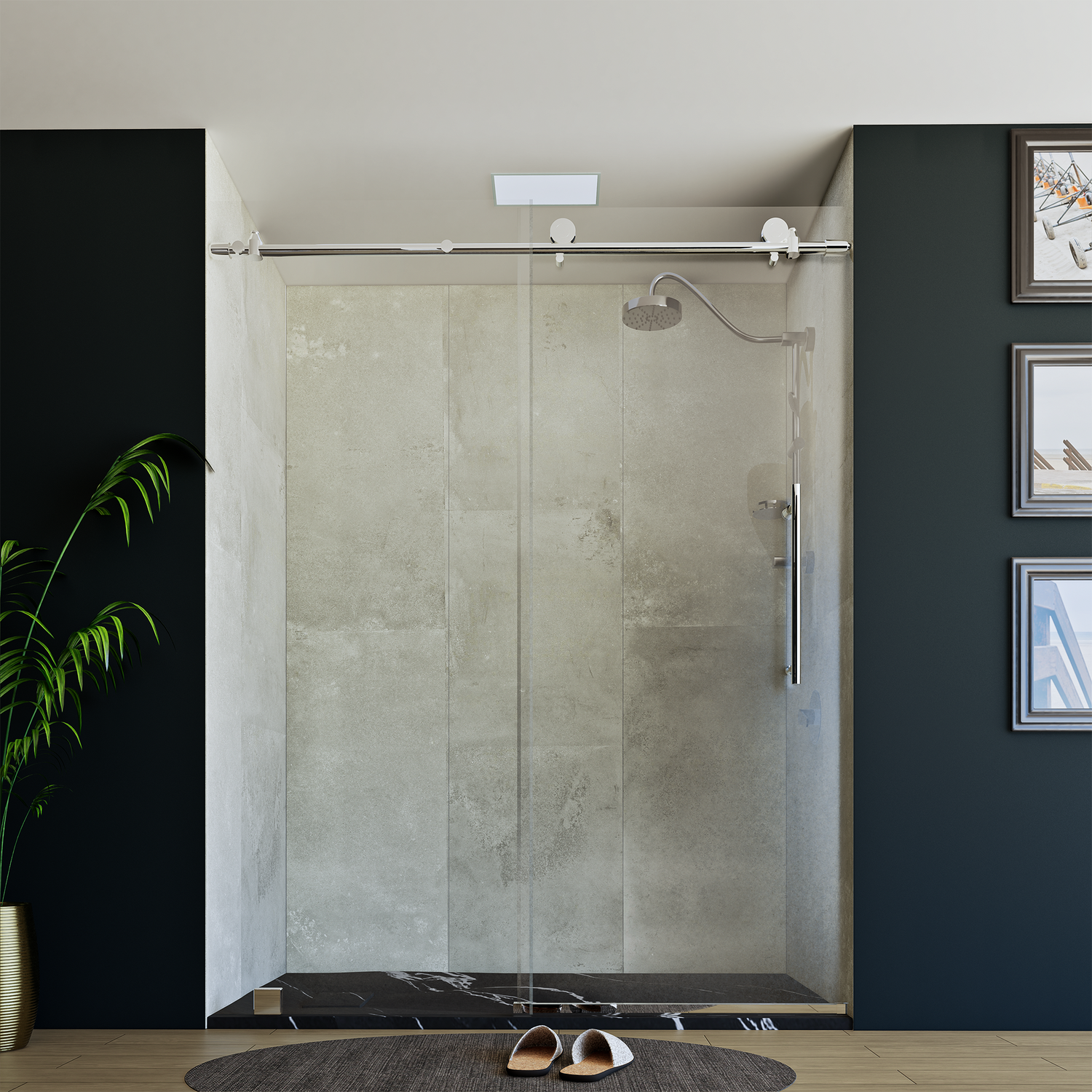 60" x 76" Frameless Shower Door with Chrome - Solid Surface Shower Base Tray - Shower Kit with covered drain - and 5pc Shower Wall System