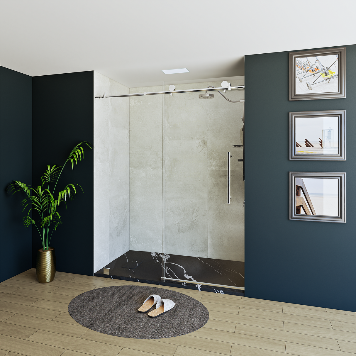 60" x 76" Frameless Shower Door with Chrome - Solid Surface Shower Base Tray - Shower Kit with covered drain - and 5pc Shower Wall System