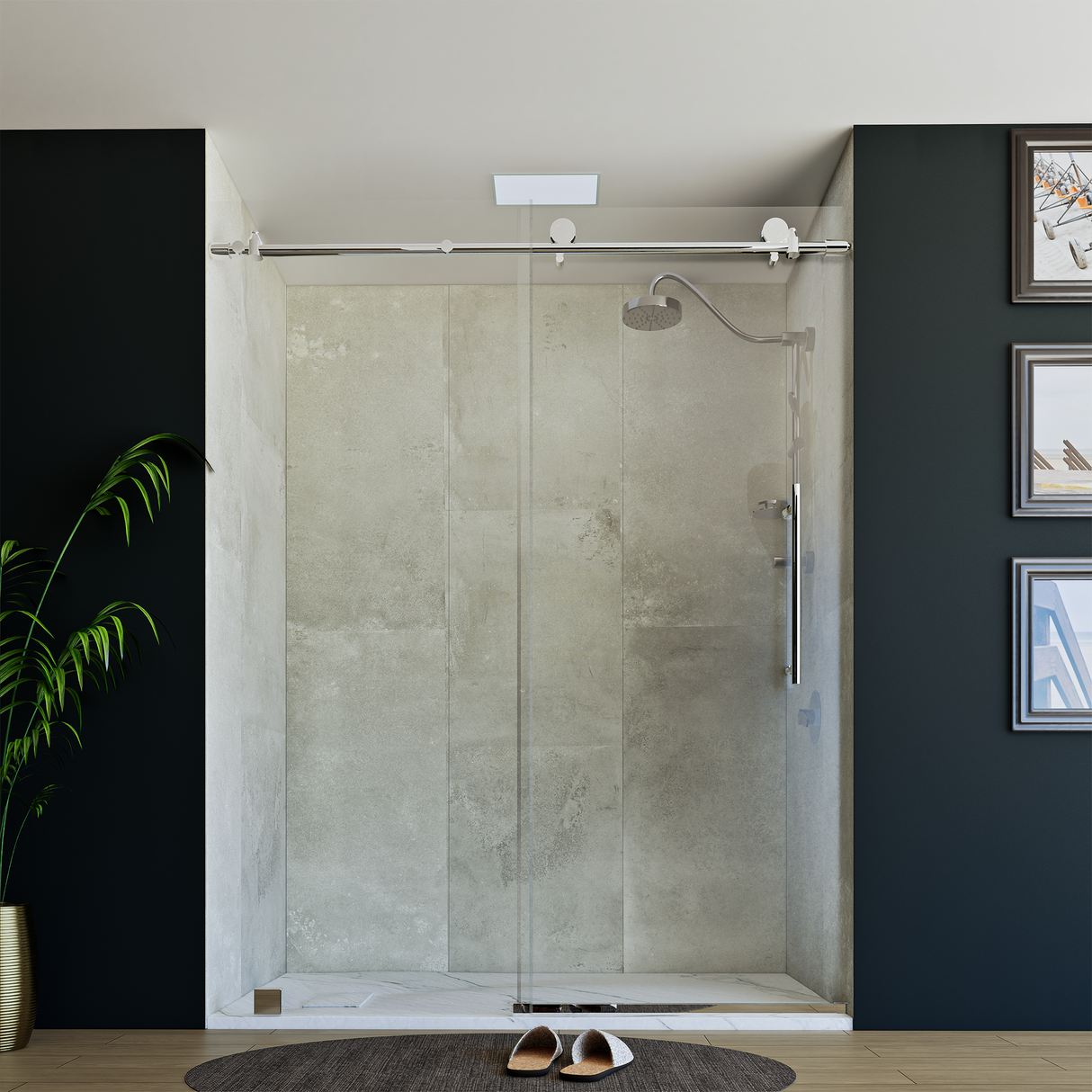 60" x 76" Frameless Shower Door with Chrome - Solid Surface Shower Base Tray - Shower Kit with covered drain - and 5pc Shower Wall System