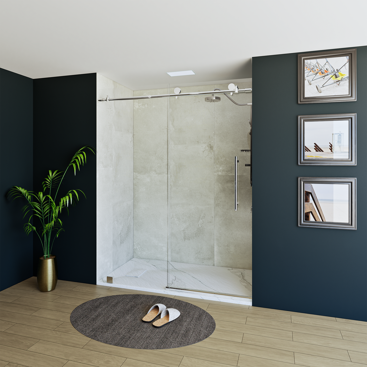60" x 76" Frameless Shower Door with Chrome - Solid Surface Shower Base Tray - Shower Kit with covered drain - and 5pc Shower Wall System