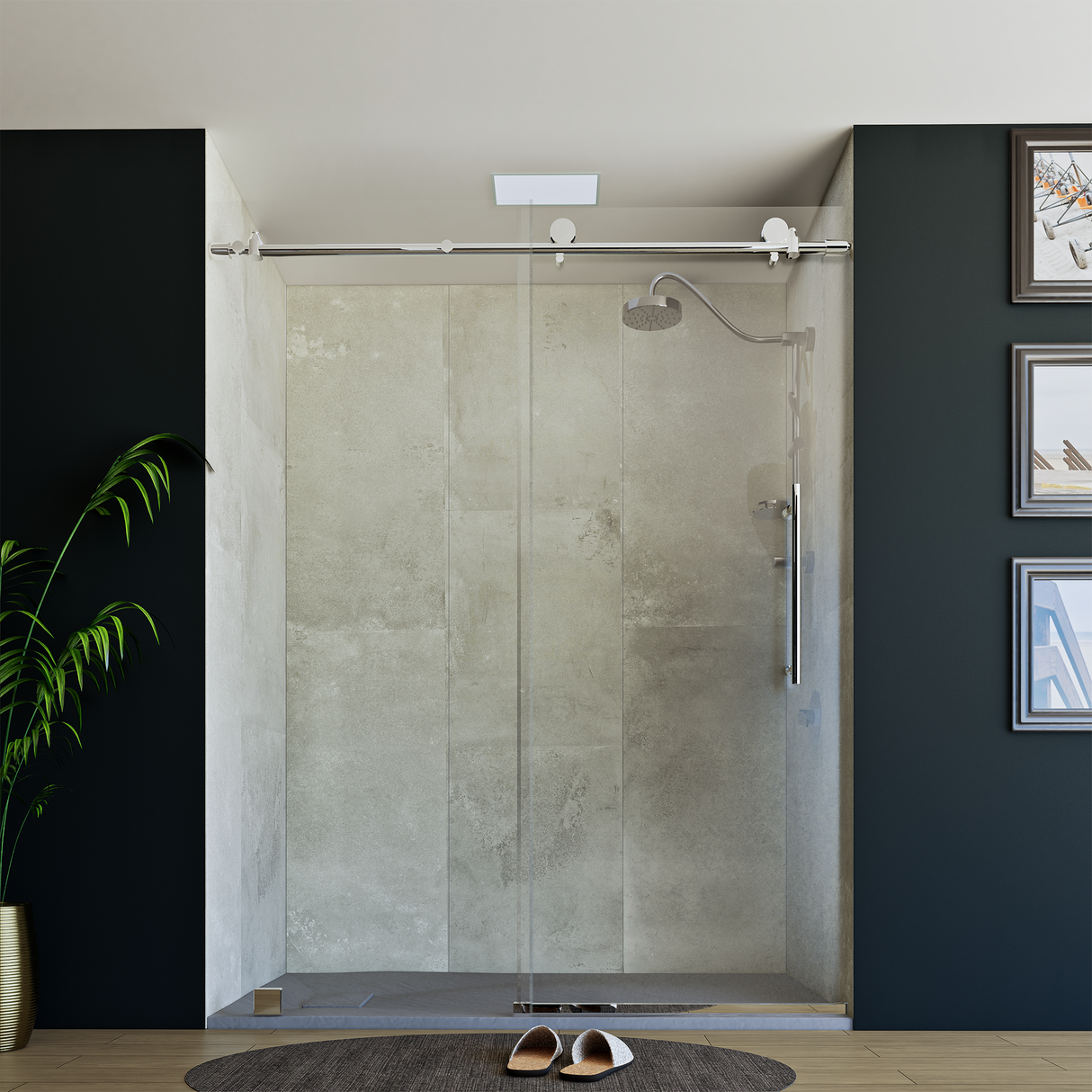 60" x 76" Frameless Shower Door with Chrome - Solid Surface Shower Base Tray - Shower Kit with covered drain - and 5pc Shower Wall System