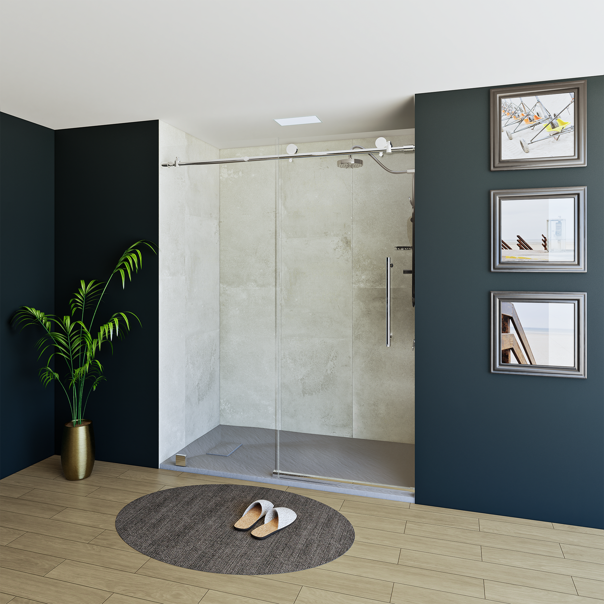 60" x 76" Frameless Shower Door with Chrome - Solid Surface Shower Base Tray - Shower Kit with covered drain - and 5pc Shower Wall System