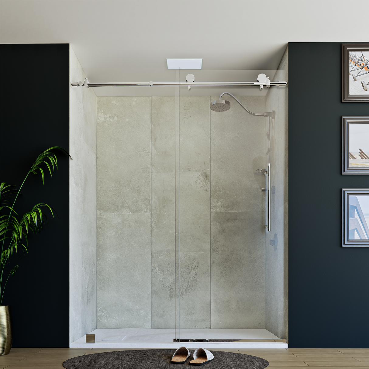 60" x 76" Frameless Shower Door with Chrome - Solid Surface Shower Base Tray - Shower Kit with covered drain - and 5pc Shower Wall System