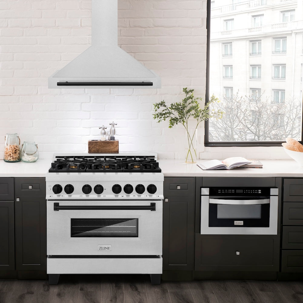 ZLINE 36 in. Autograph Edition Convertible Fingerprint Resistant DuraSnow® Stainless Steel Range Hood with Matte Black Handle (KB4SNZ-36-MB)