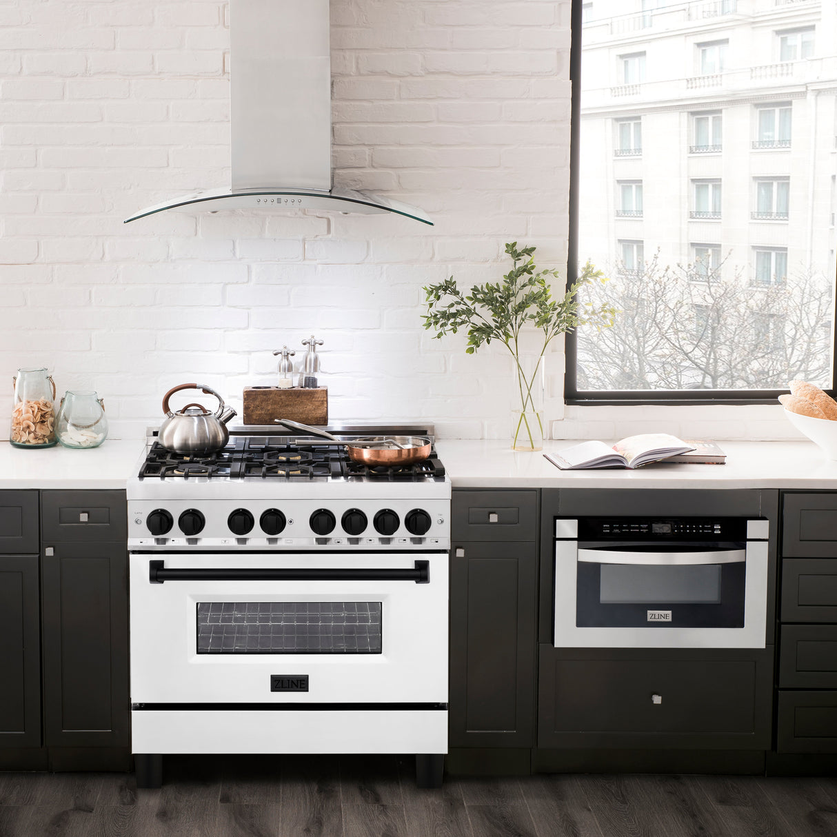 ZLINE Autograph Edition 36 in. 4.6 cu. ft. Legacy Dual Fuel Range with 6 Burner Gas Cooktop and Electric Convection Oven in Stainless Steel with White Matte Door and Matte Black Accents (RAZ-WM-36-MB)