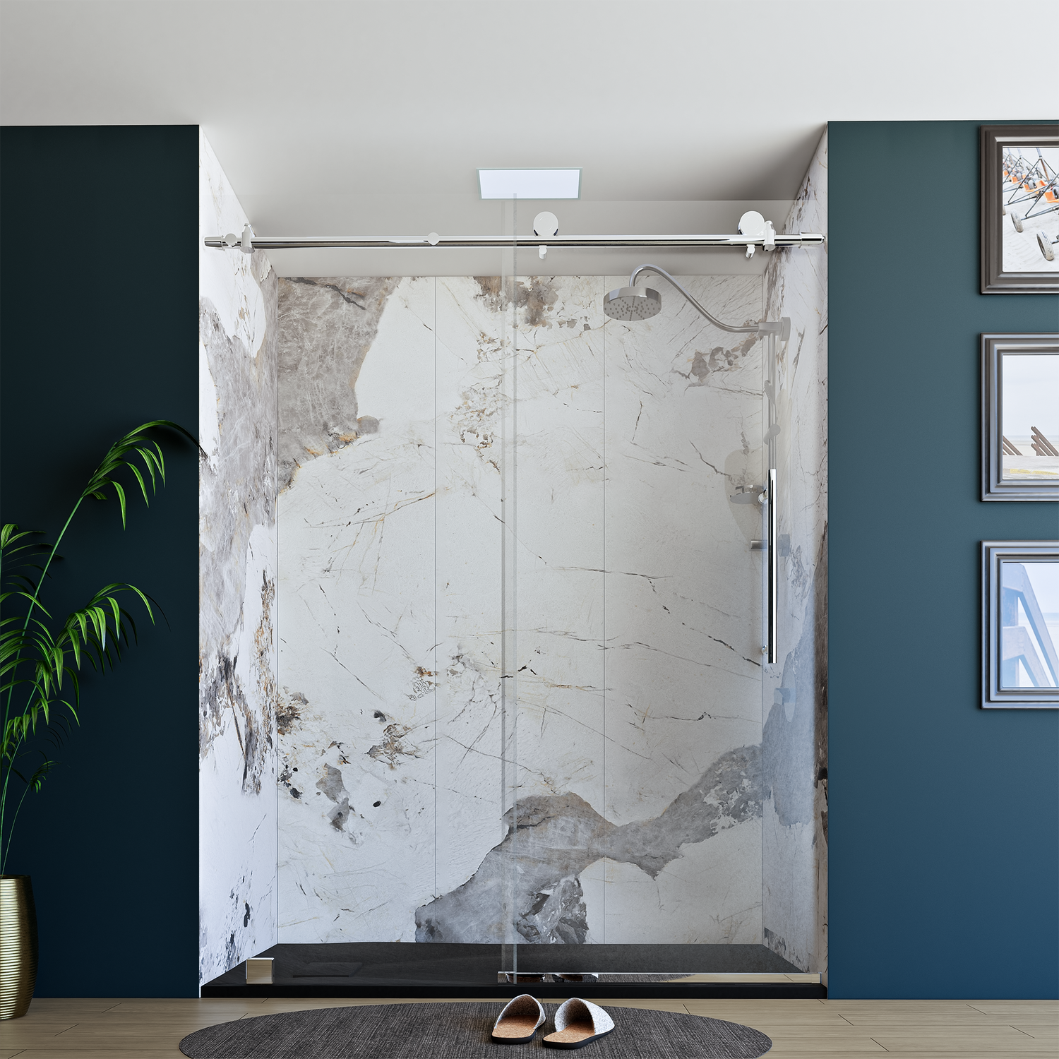 60" x 76" Frameless Shower Door with Chrome - Solid Surface Shower Base Tray - Shower Kit with covered drain - and 5pc Shower Wall System