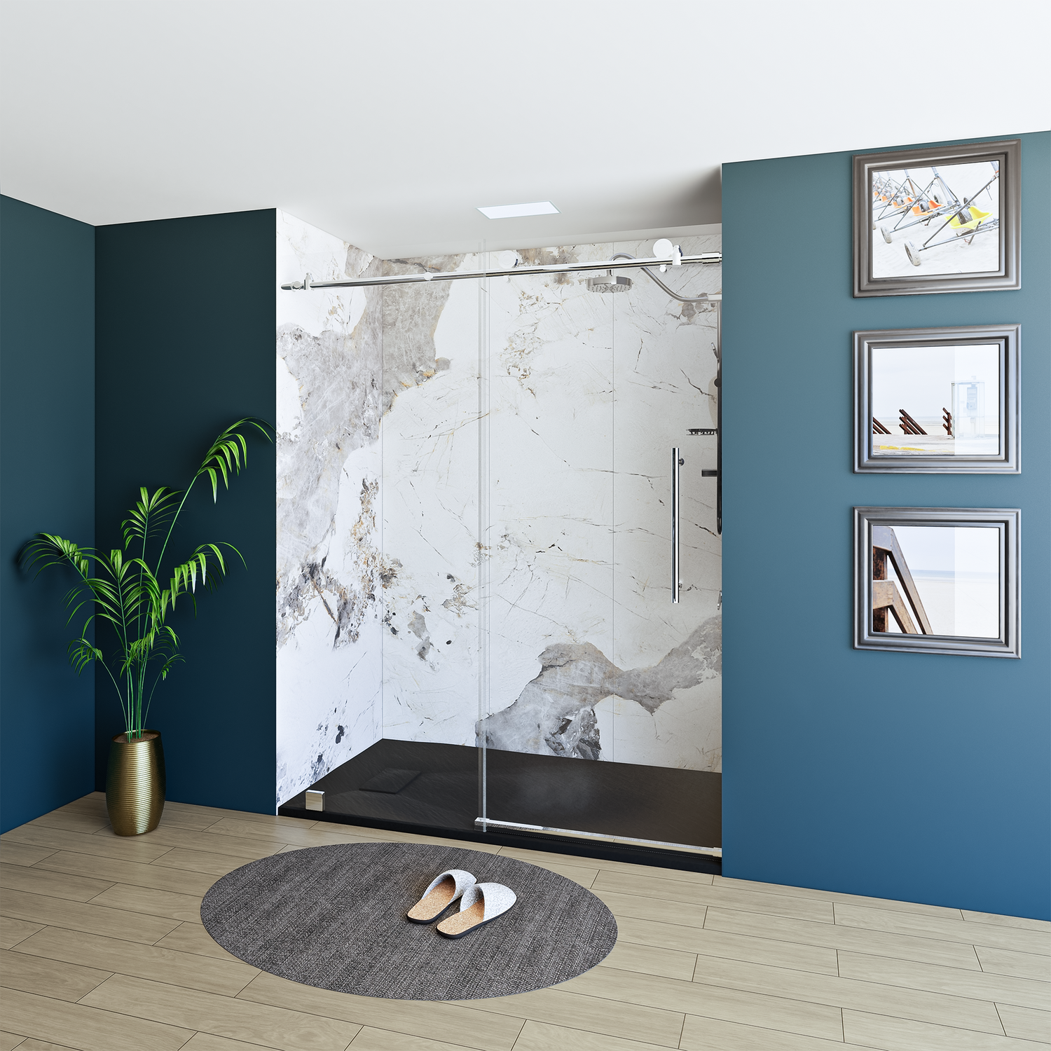 60" x 76" Frameless Shower Door with Chrome - Solid Surface Shower Base Tray - Shower Kit with covered drain - and 5pc Shower Wall System