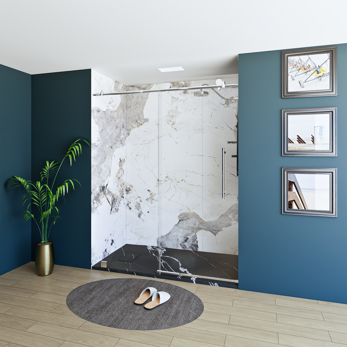 60" x 76" Frameless Shower Door with Chrome - Solid Surface Shower Base Tray - Shower Kit with covered drain - and 5pc Shower Wall System