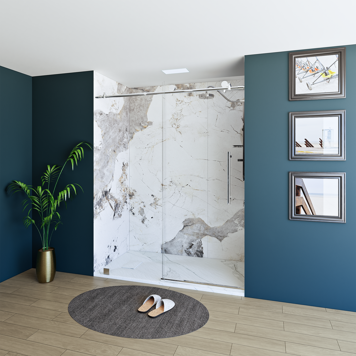 60" x 76" Frameless Shower Door with Chrome - Solid Surface Shower Base Tray - Shower Kit with covered drain - and 5pc Shower Wall System