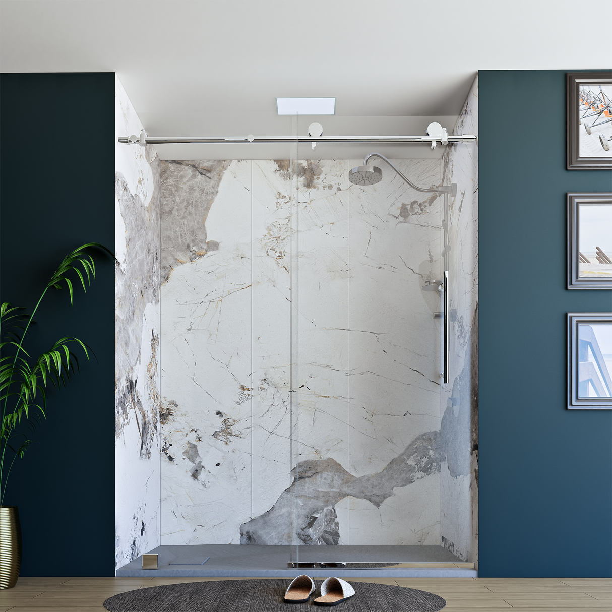 60" x 76" Frameless Shower Door with Chrome - Solid Surface Shower Base Tray - Shower Kit with covered drain - and 5pc Shower Wall System