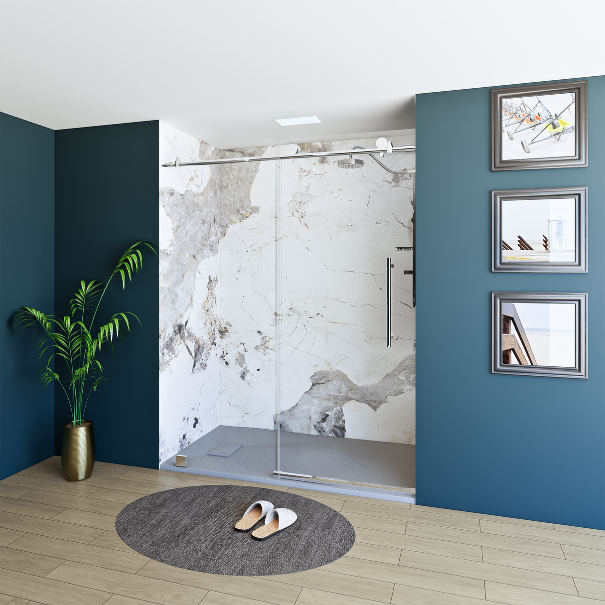 60" x 76" Frameless Shower Door with Chrome - Solid Surface Shower Base Tray - Shower Kit with covered drain - and 5pc Shower Wall System
