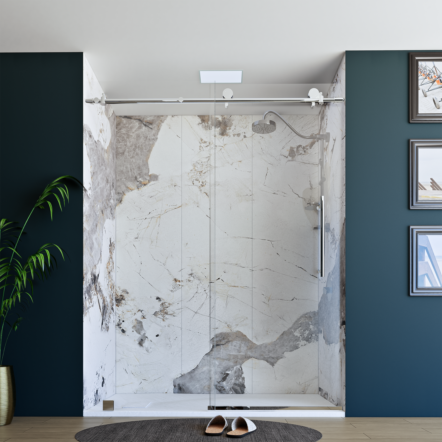 60" x 76" Frameless Shower Door with Chrome - Solid Surface Shower Base Tray - Shower Kit with covered drain - and 5pc Shower Wall System