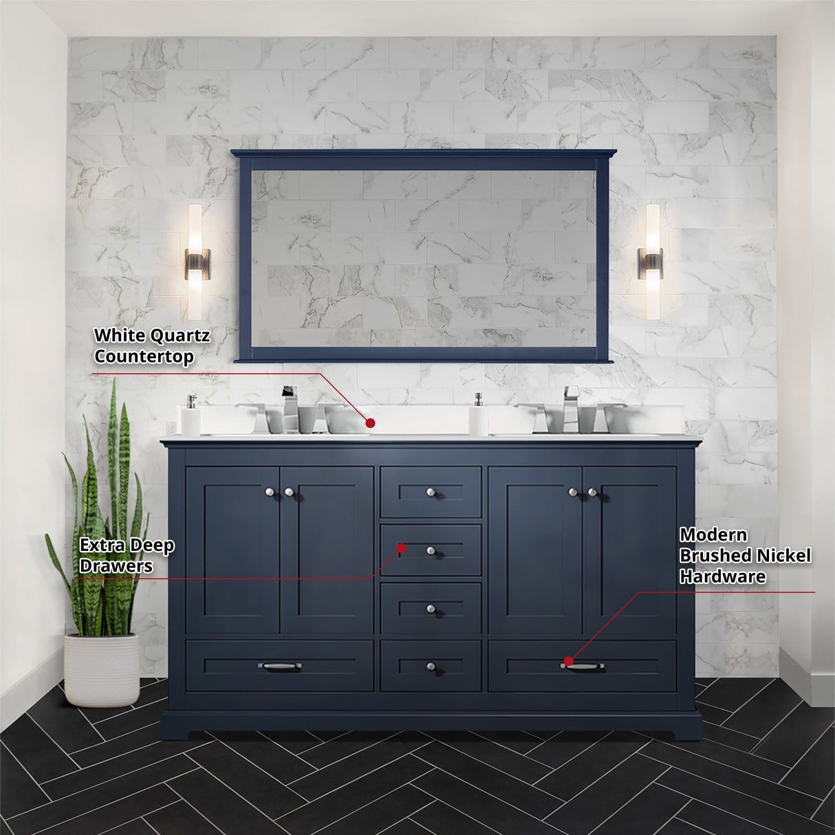 Dukes 60" Navy Blue Double Vanity, White Quartz Top, White Square Sinks and 58" Mirror w/ Faucets