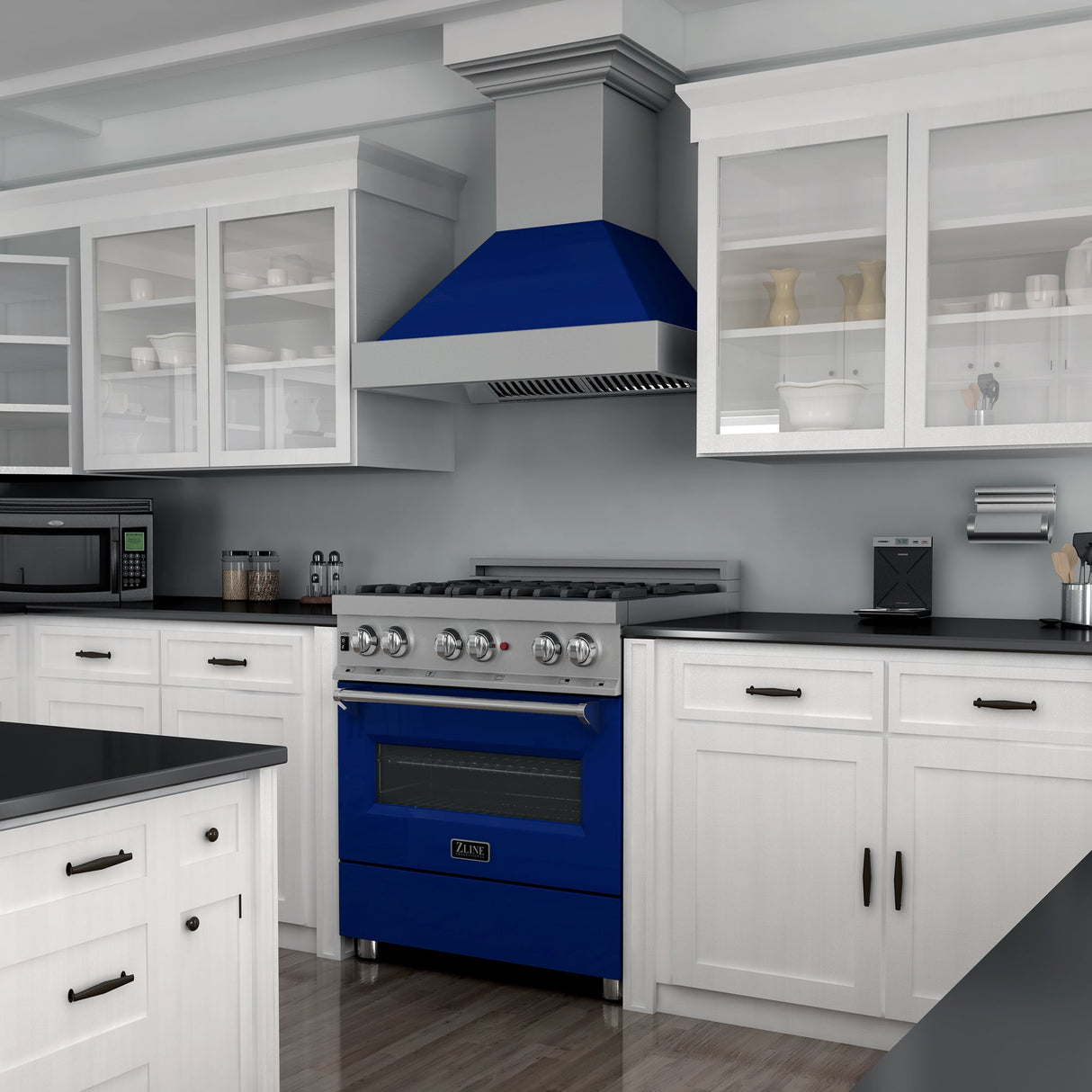 ZLINE 30 in. 4.0 cu. ft. Legacy Dual Fuel Range with 4 Burner Gas Cooktop and Electric Convection Oven in Satin Stainless Steel and Blue Gloss Door (RAS-BG-30)