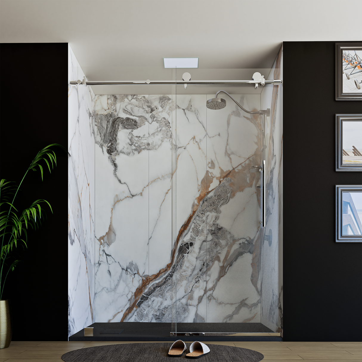 60" x 76" Frameless Shower Door with Chrome - Solid Surface Shower Base Tray - Shower Kit with covered drain - and 5pc Shower Wall System