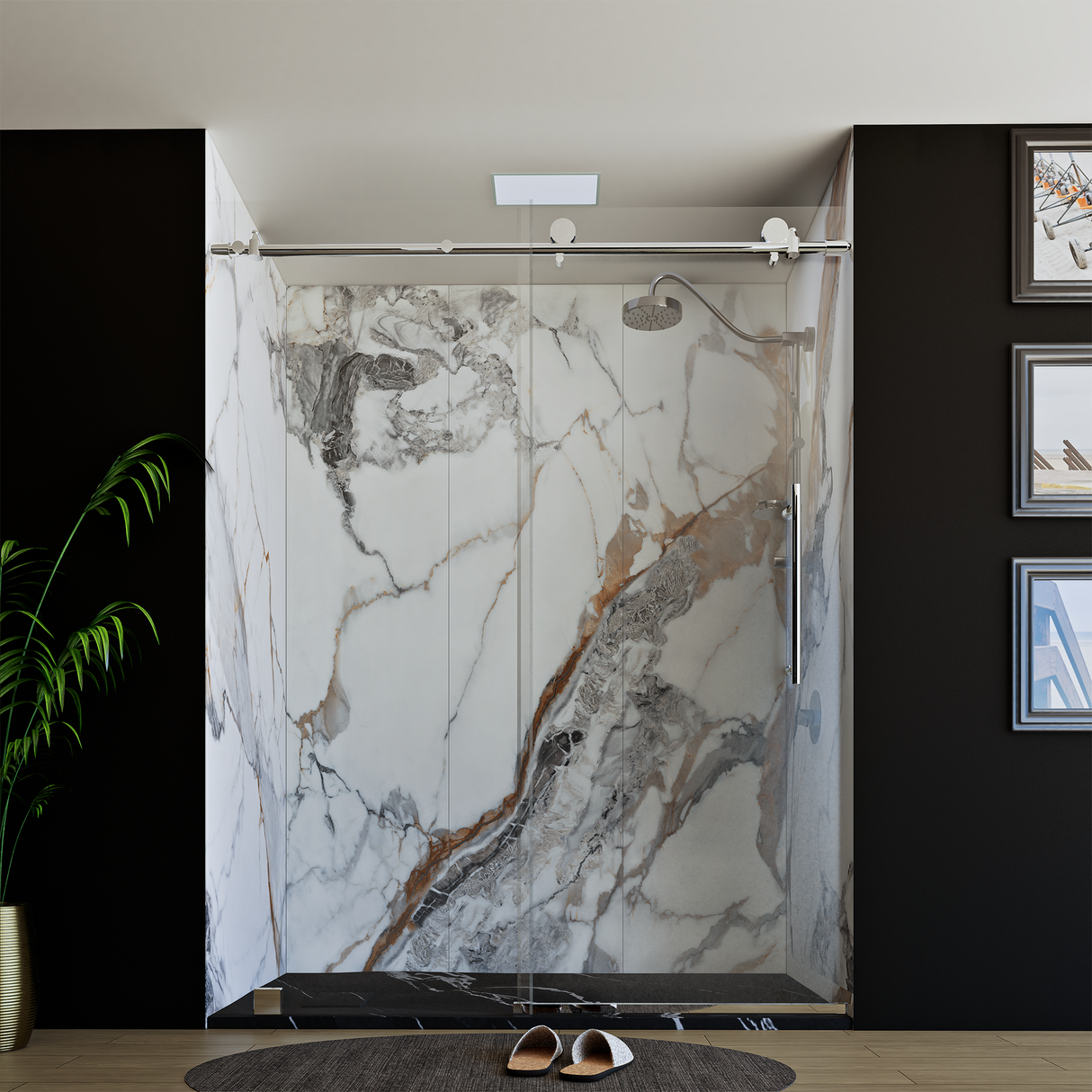 60" x 76" Frameless Shower Door with Chrome - Solid Surface Shower Base Tray - Shower Kit with covered drain - and 5pc Shower Wall System
