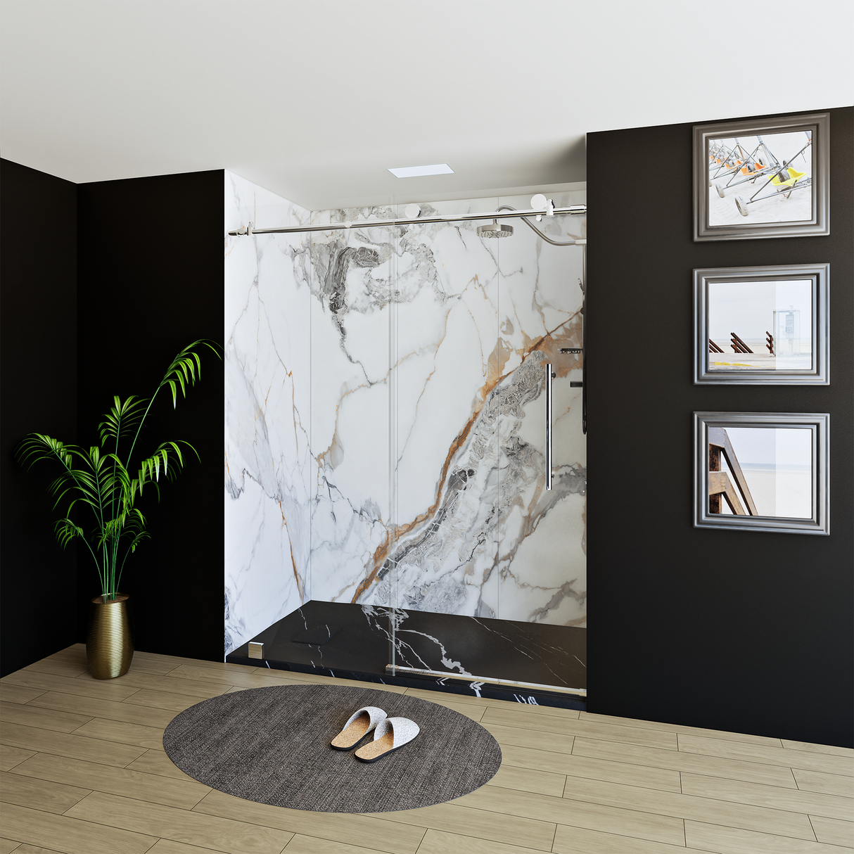 60" x 76" Frameless Shower Door with Chrome - Solid Surface Shower Base Tray - Shower Kit with covered drain - and 5pc Shower Wall System